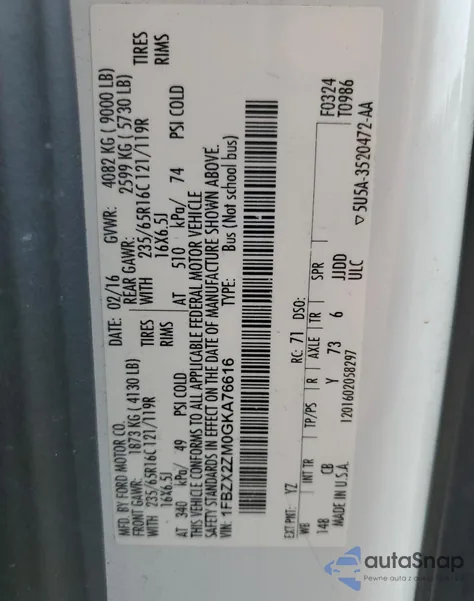 2016 Ford Transit T-350 from USA, damaged, VIN 1FBZX2ZM0GKA76616